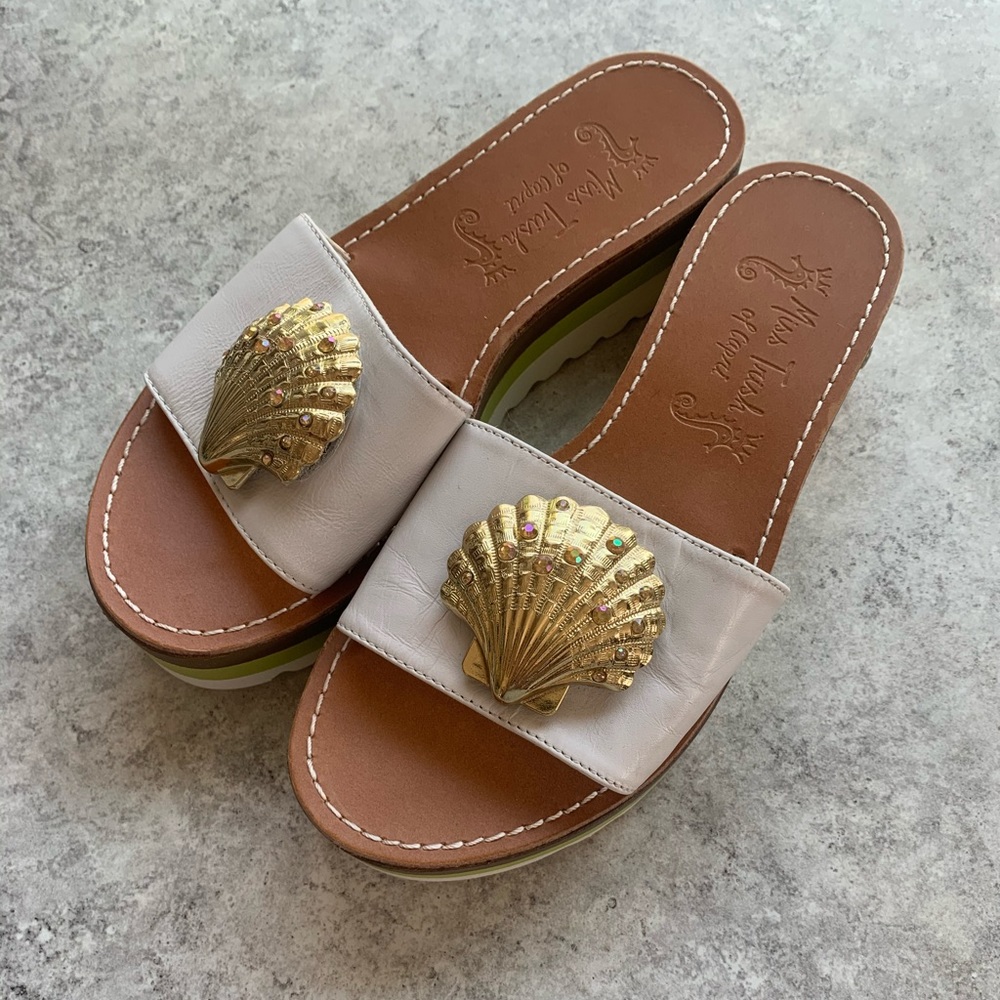 White Shell-Embellished Slide Sandals